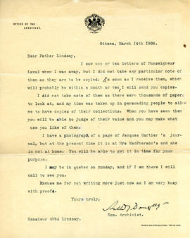 Lettre d'Arthur George Doughty du 14 mars 1906