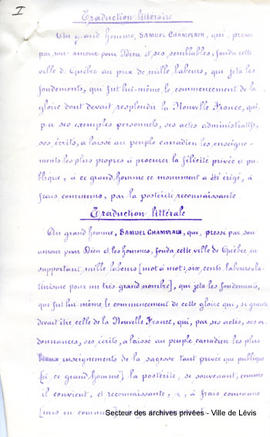 Samuel Champlain Traduction littéraire et litérale