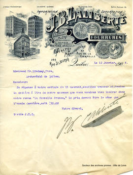 Lettre J.B. Laliberté Manufacturier de fourrures 13 janvier 1904