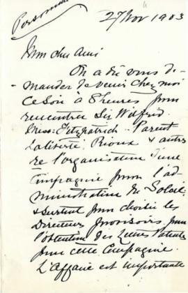 Lettre de C.A.P. Pelletier à Adélard Turgeon du 27 novembre 1903