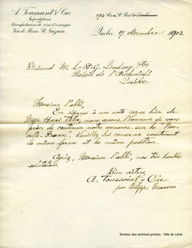 Lettre  A. Toussaint et Cie Importateur et manufacturiers de vins et vinaigre 17 décembre 1902